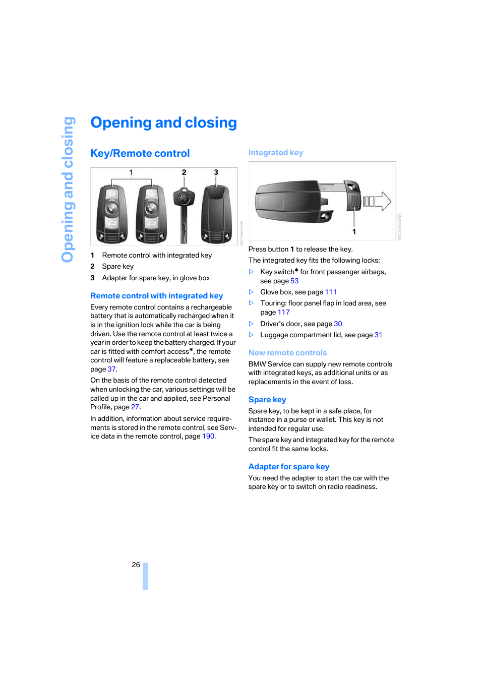 Opening and closing, Key/remote control | BMW 530XD User Manual | Page 27 / 248