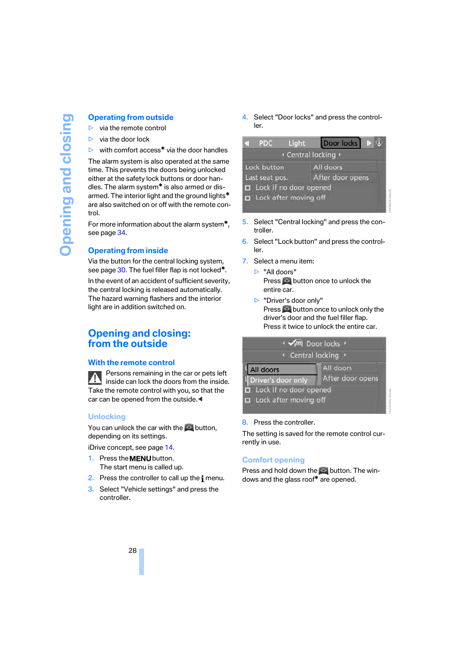 Opening and closing: from the outside, Opening and closing | BMW 530XD User Manual | Page 29 / 248