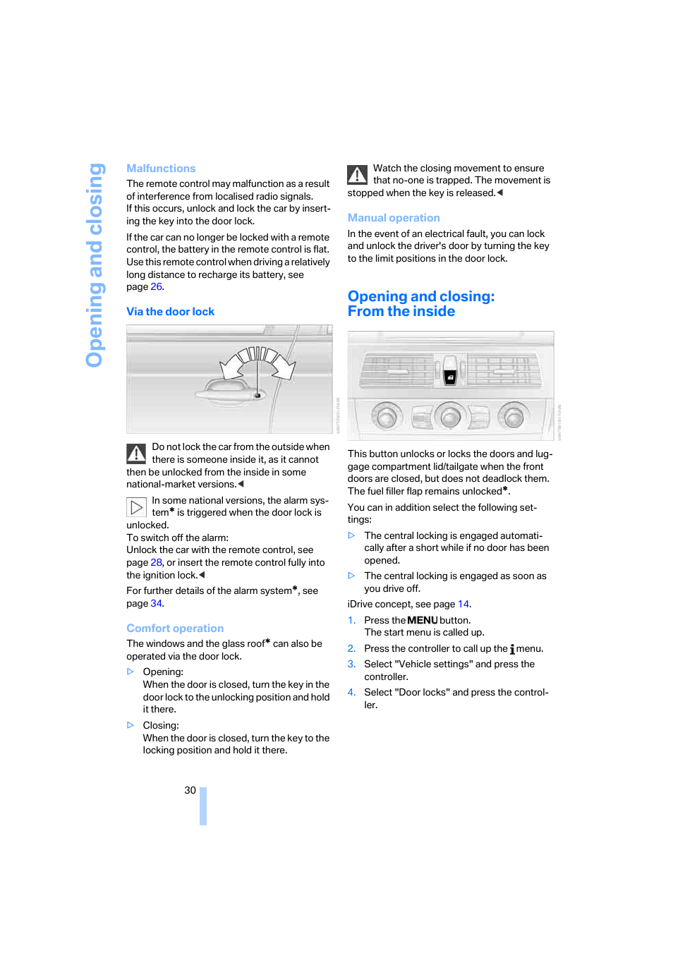 Opening and closing: from the inside, Opening and closing | BMW 530XD User Manual | Page 31 / 248