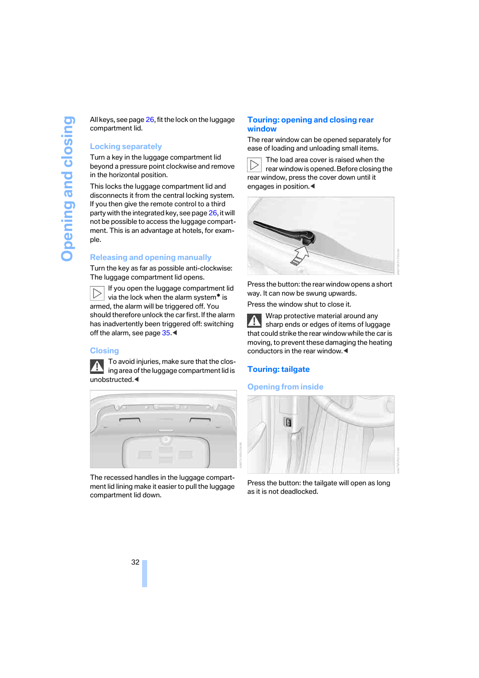 Opening and closing | BMW 530XD User Manual | Page 33 / 248