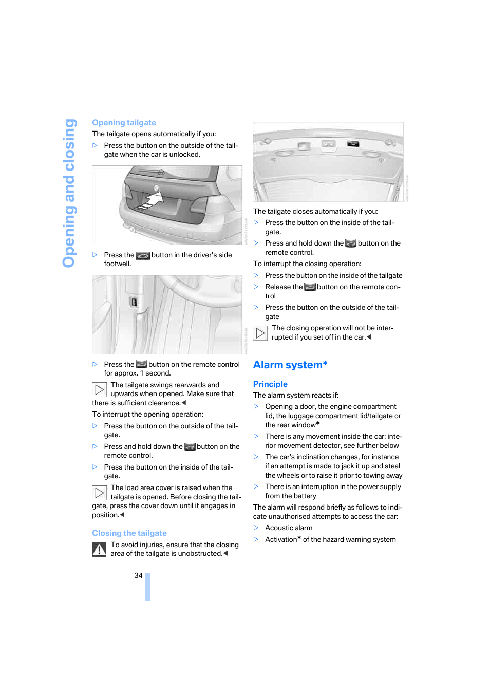 Alarm system, Opening and closing | BMW 530XD User Manual | Page 35 / 248