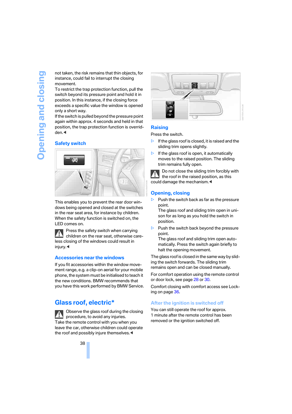 Glass roof, electric, Opening and closing | BMW 530XD User Manual | Page 39 / 248