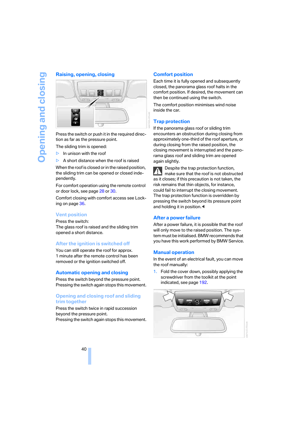 Opening and closing | BMW 530XD User Manual | Page 41 / 248