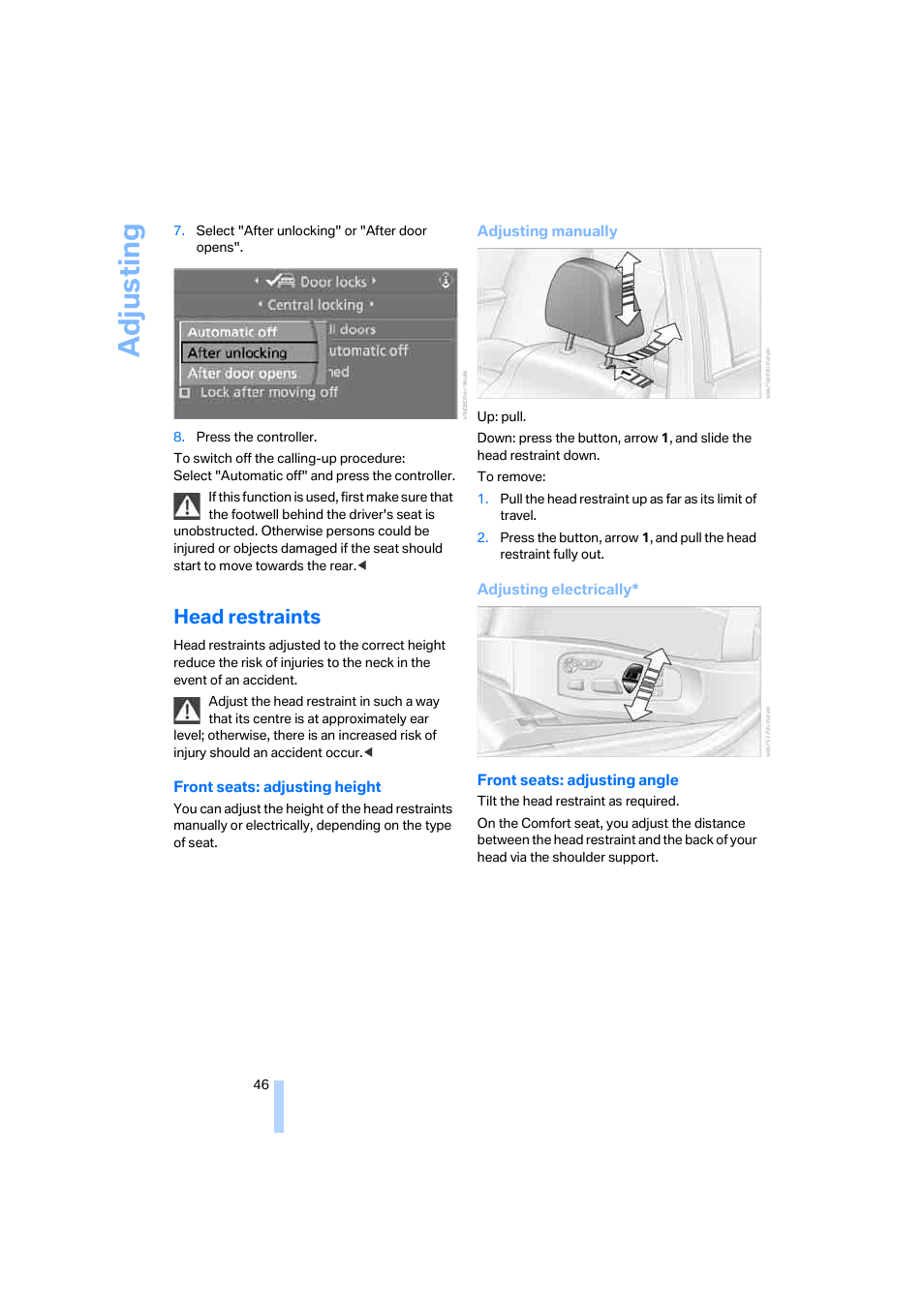 Head restraints, Adju sting | BMW 530XD User Manual | Page 47 / 248