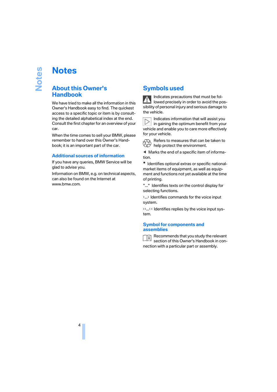 Notes, About this owner's handbook, Symbols used | BMW 530XD User Manual | Page 5 / 248