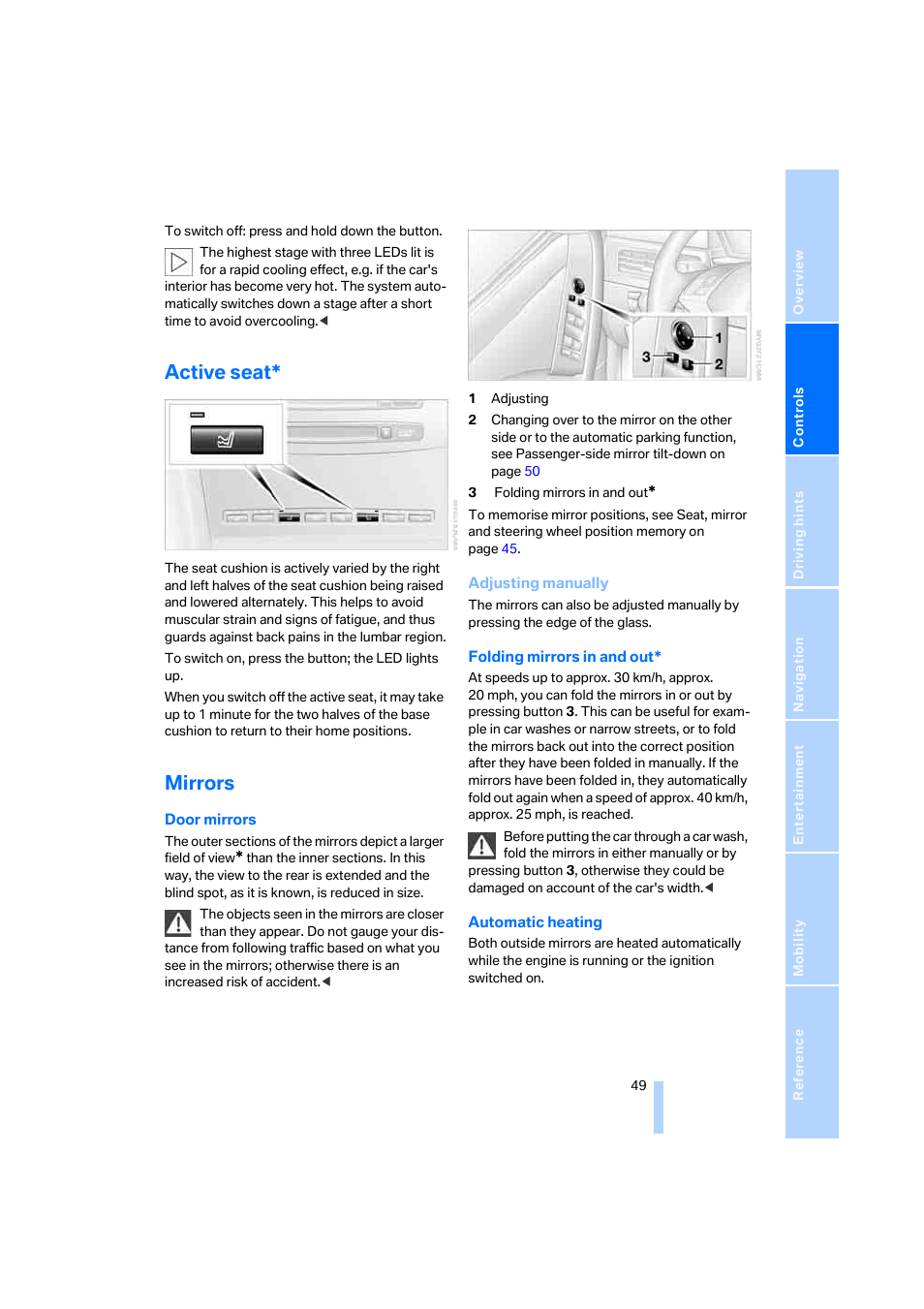 Active seat, Mirrors | BMW 530XD User Manual | Page 50 / 248