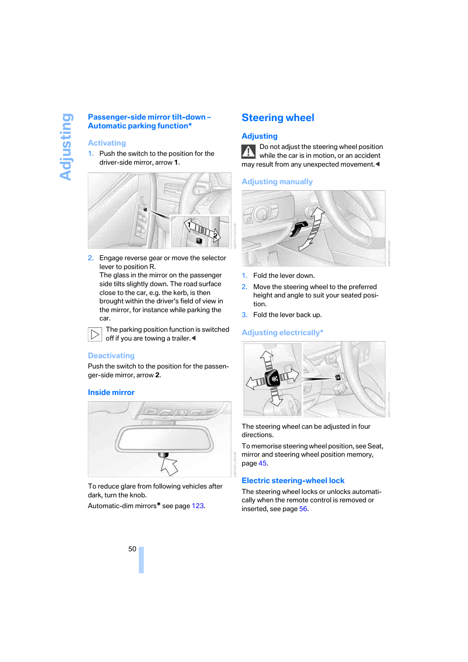 Steering wheel, Adju sting | BMW 530XD User Manual | Page 51 / 248