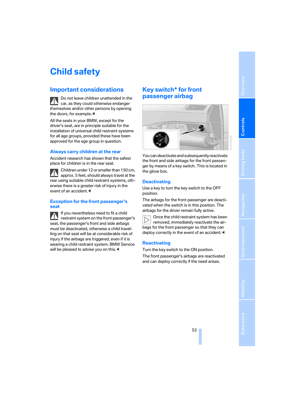 Child safety, Important considerations, Key switch* for front passenger airbag | BMW 530XD User Manual | Page 54 / 248