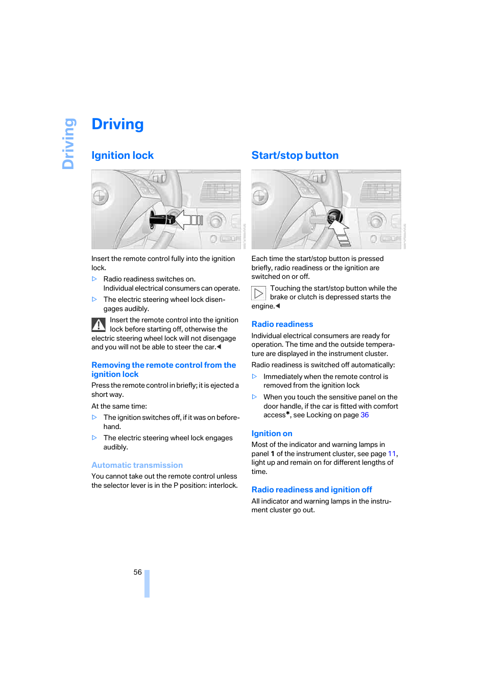 Driving, Ignition lock, Start/stop button | BMW 530XD User Manual | Page 57 / 248