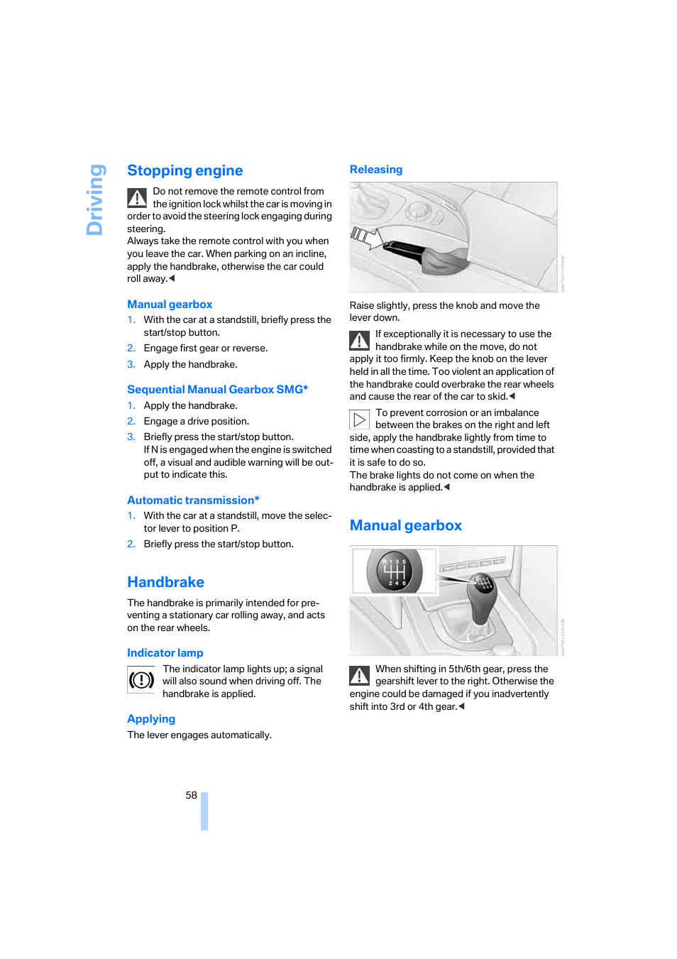 Stopping engine, Handbrake, Manual gearbox | Driving | BMW 530XD User Manual | Page 59 / 248