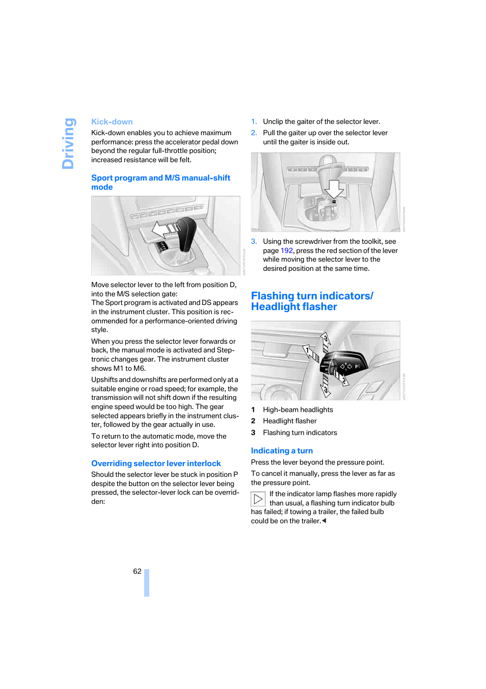 Flashing turn indicators/ headlight flasher, Driving | BMW 530XD User Manual | Page 63 / 248