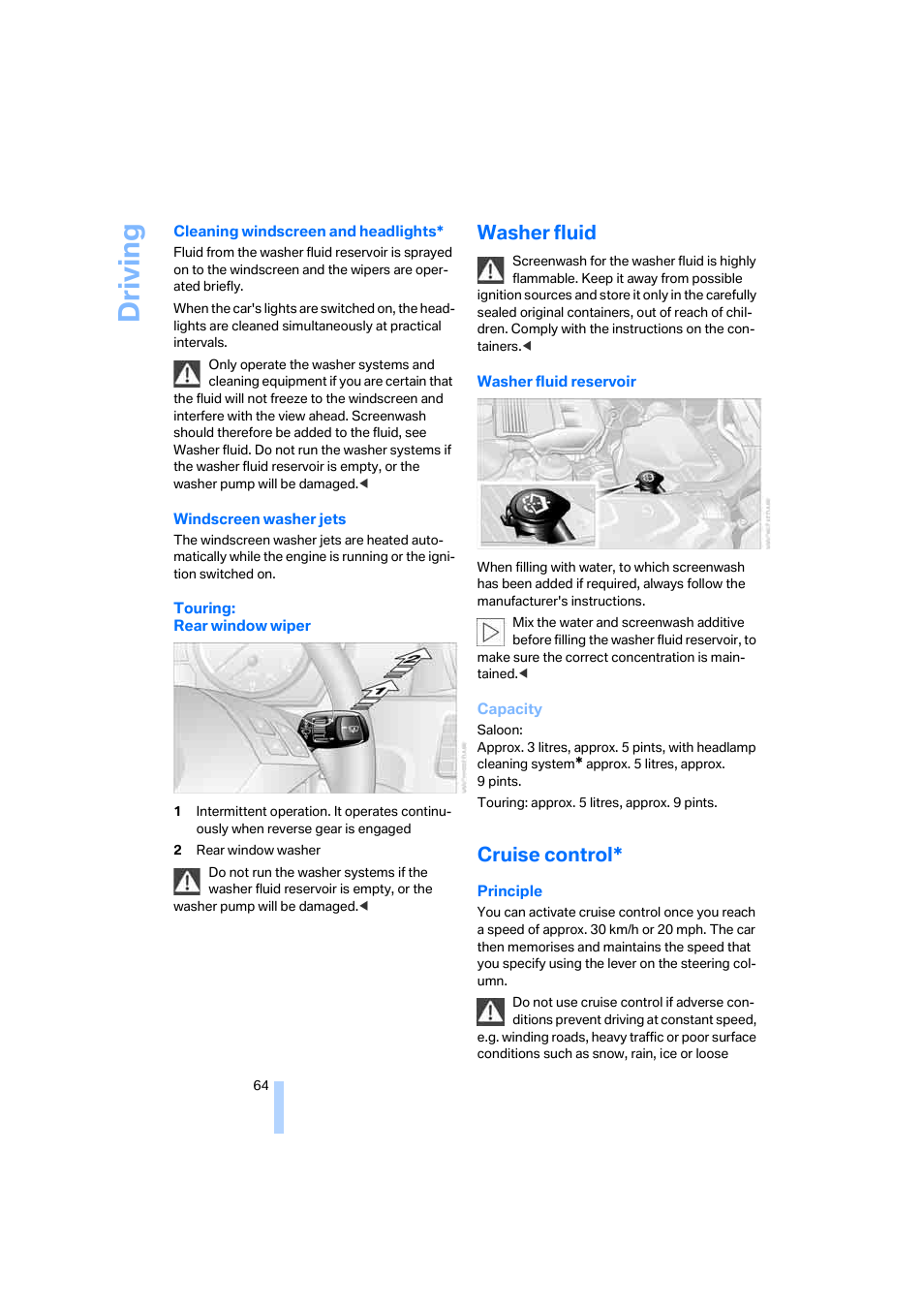 Washer fluid, Cruise control, Driving | BMW 530XD User Manual | Page 65 / 248