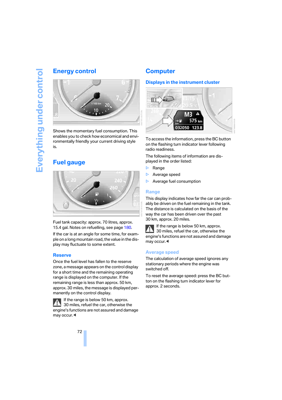 Energy control, Fuel gauge, Computer | Eve ryth ing un de r co nt rol | BMW 530XD User Manual | Page 73 / 248