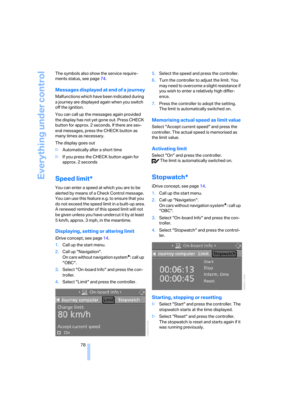 Speed limit, Stopwatch, Eve ryth ing un de r co nt rol | BMW 530XD User Manual | Page 79 / 248