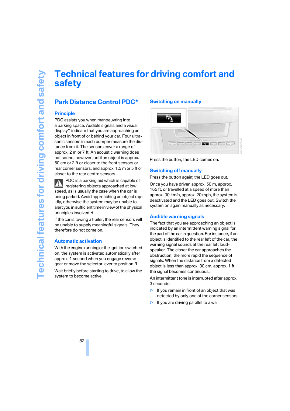 Technical features for driving comfort and safety, Park distance control pdc | BMW 530XD User Manual | Page 83 / 248