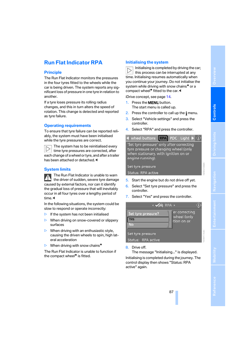 Run flat indicator rpa | BMW 530XD User Manual | Page 88 / 248