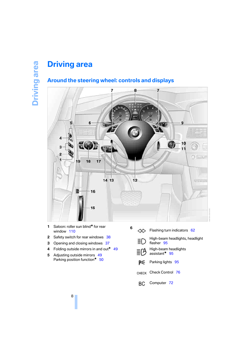 Driving area, Around the steering wheel: controls and displays, Overvi | BMW 530XD User Manual | Page 9 / 248