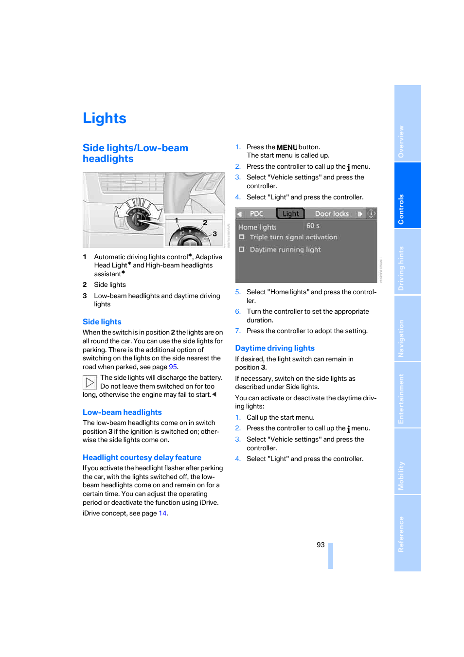 Lights, Side lights/low-beam headlights | BMW 530XD User Manual | Page 94 / 248