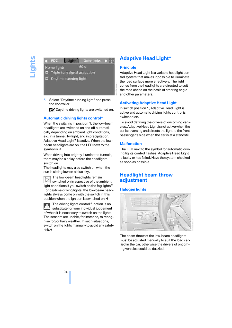 Adaptive head light, Headlight beam throw adjustment, Lights | BMW 530XD User Manual | Page 95 / 248