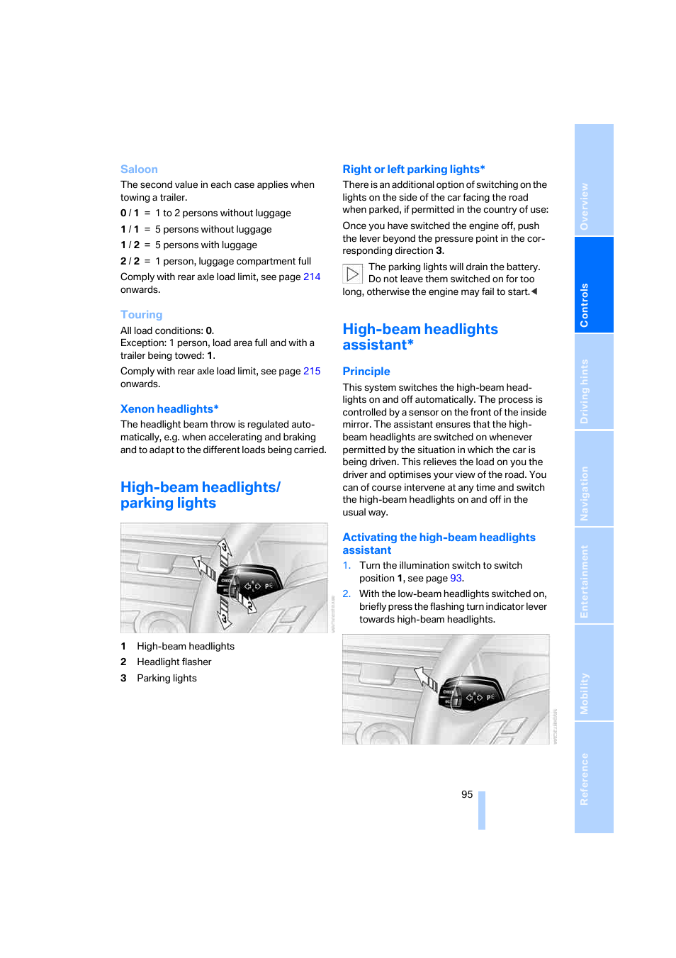 High-beam headlights/ parking lights, High-beam headlights assistant | BMW 530XD User Manual | Page 96 / 248