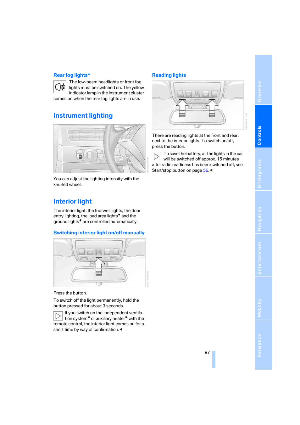 Instrument lighting, Interior light | BMW 530XD User Manual | Page 98 / 248