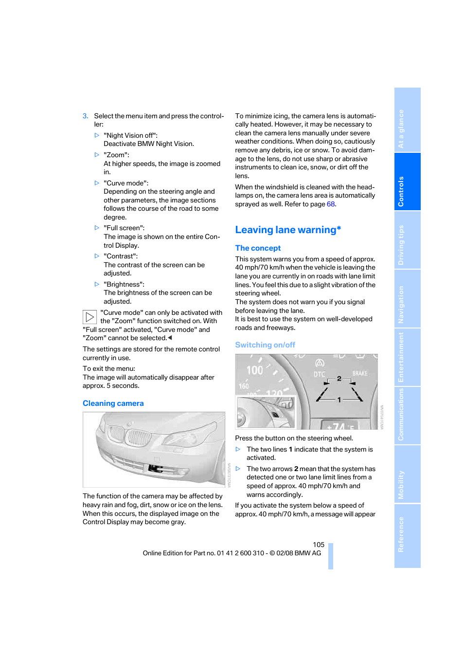 Leaving lane warning | BMW AG 528XI User Manual | Page 107 / 292