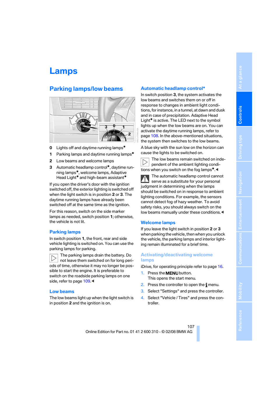 Lamps, Parking lamps/low beams | BMW AG 528XI User Manual | Page 109 / 292