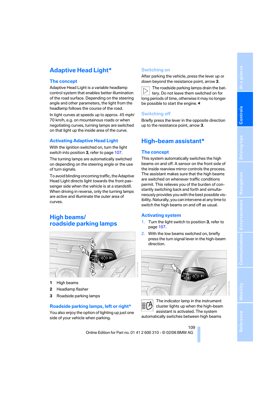 Adaptive head light, High beams/ roadside parking lamps, High-beam assistant | BMW AG 528XI User Manual | Page 111 / 292