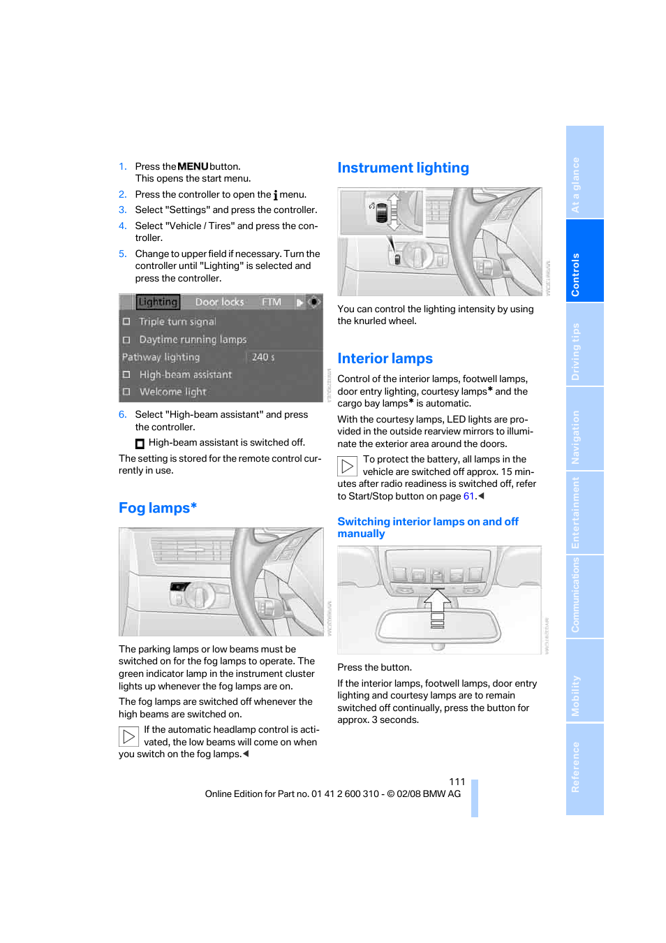 Fog lamps, Instrument lighting, Interior lamps | BMW AG 528XI User Manual | Page 113 / 292