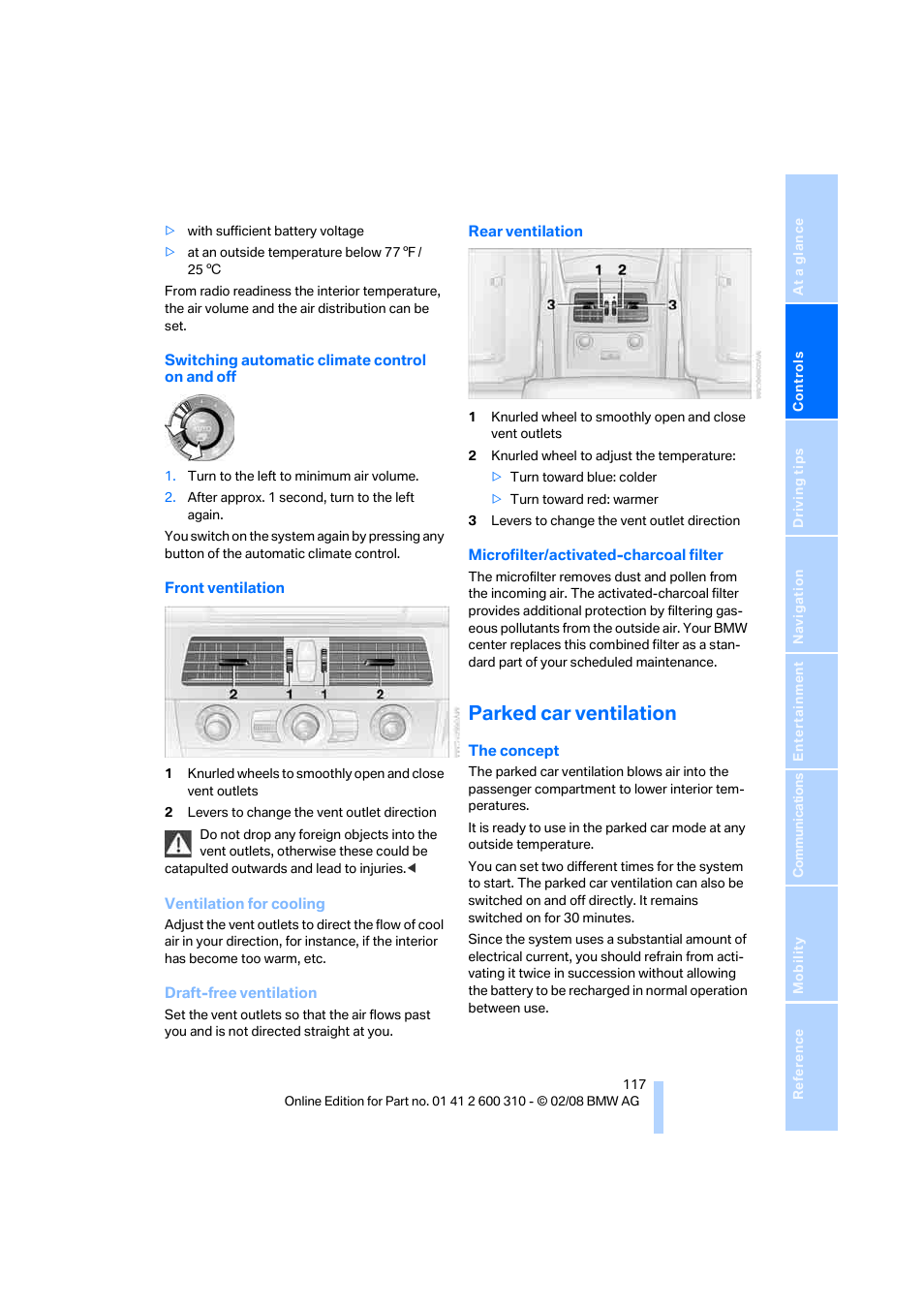 Parked car ventilation, Front, Ventilation o | BMW AG 528XI User Manual | Page 119 / 292