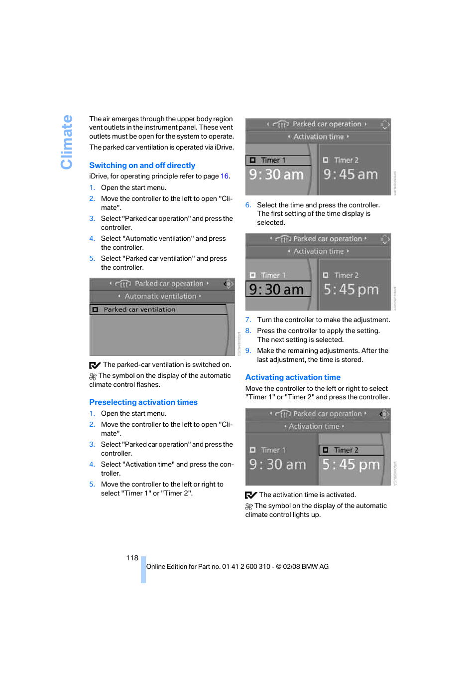 Climate | BMW AG 528XI User Manual | Page 120 / 292