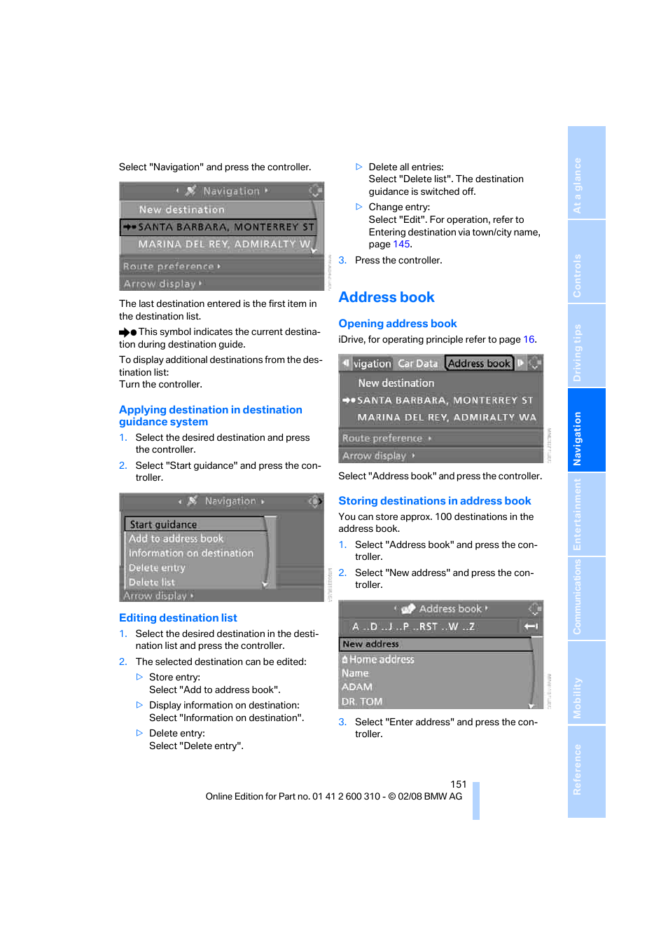 Address book | BMW AG 528XI User Manual | Page 153 / 292