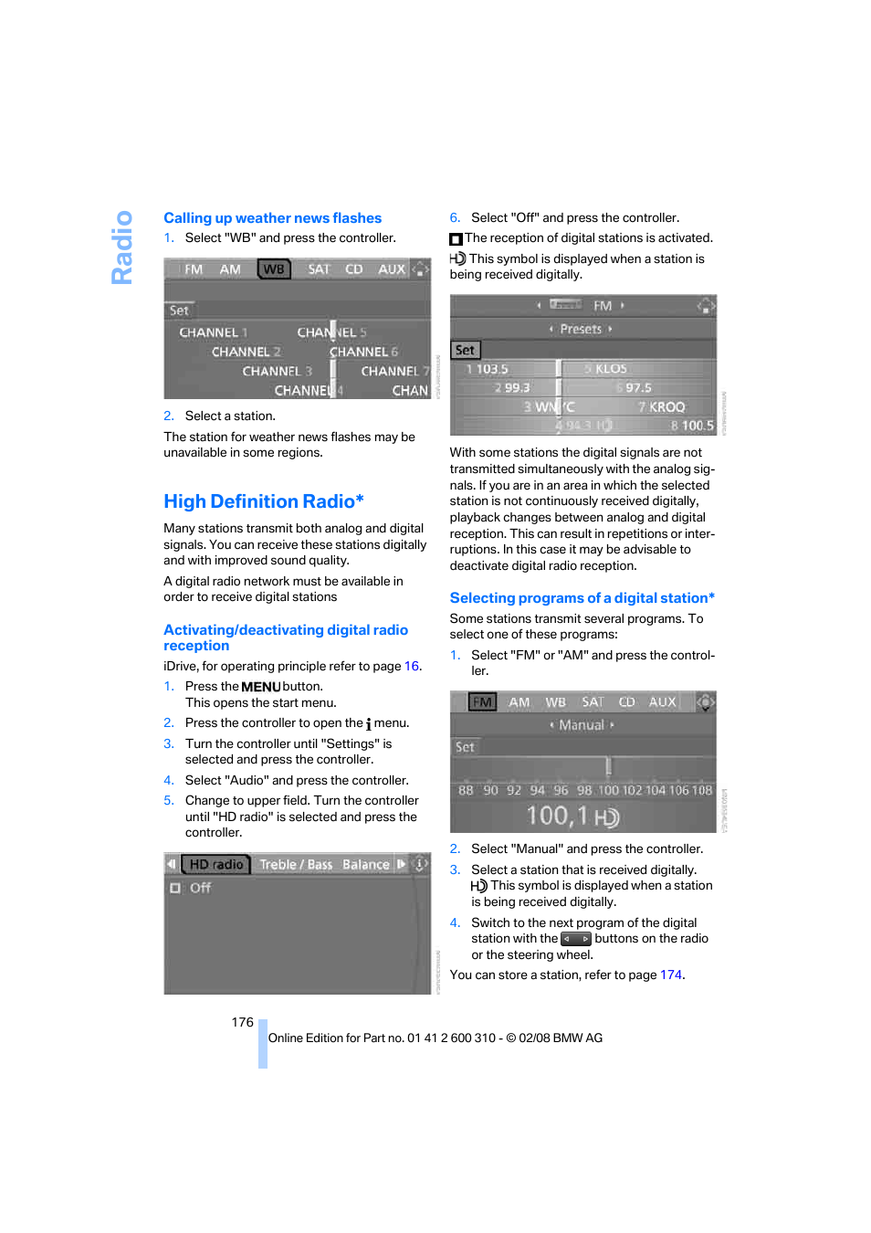 High definition radio, Ra di o | BMW AG 528XI User Manual | Page 178 / 292