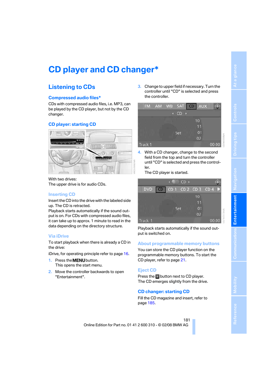 Cd player and cd changer, Listening to cds | BMW AG 528XI User Manual | Page 183 / 292