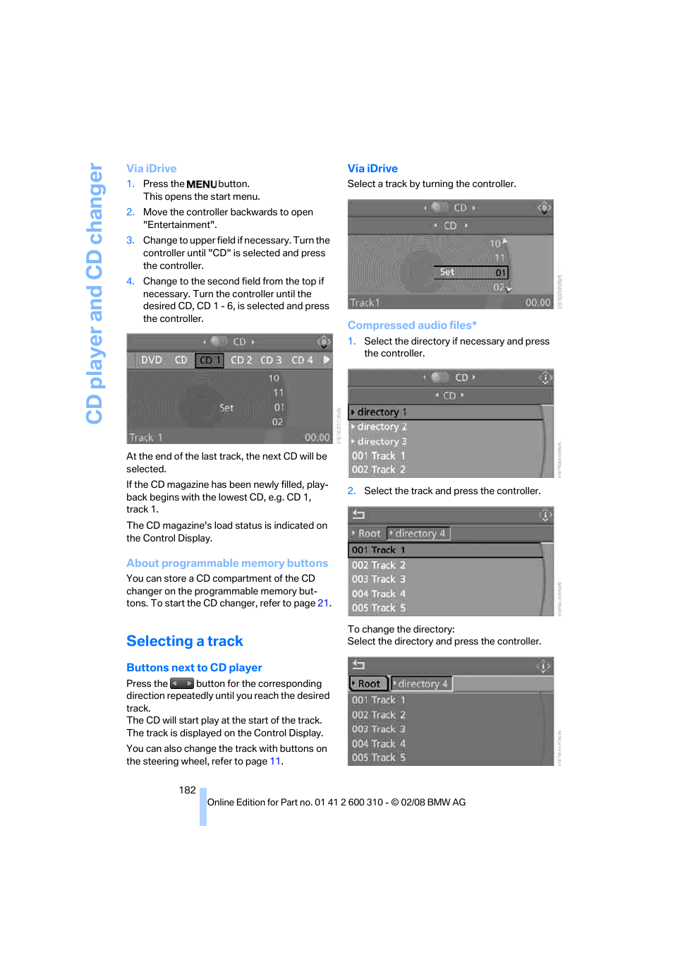 Selecting a track, Cd player and cd changer | BMW AG 528XI User Manual | Page 184 / 292