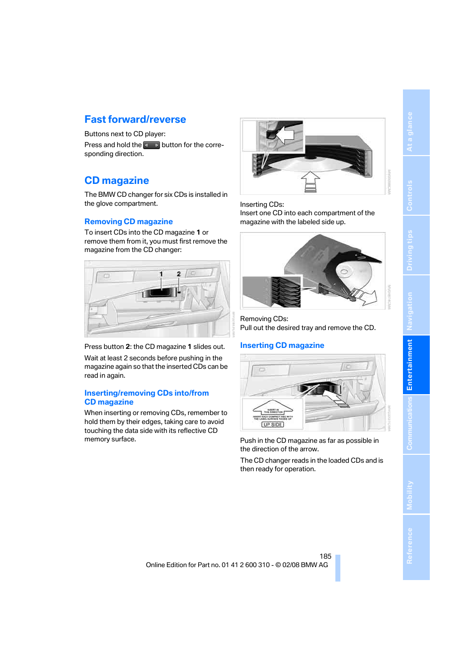 Fast forward/reverse, Cd magazine | BMW AG 528XI User Manual | Page 187 / 292