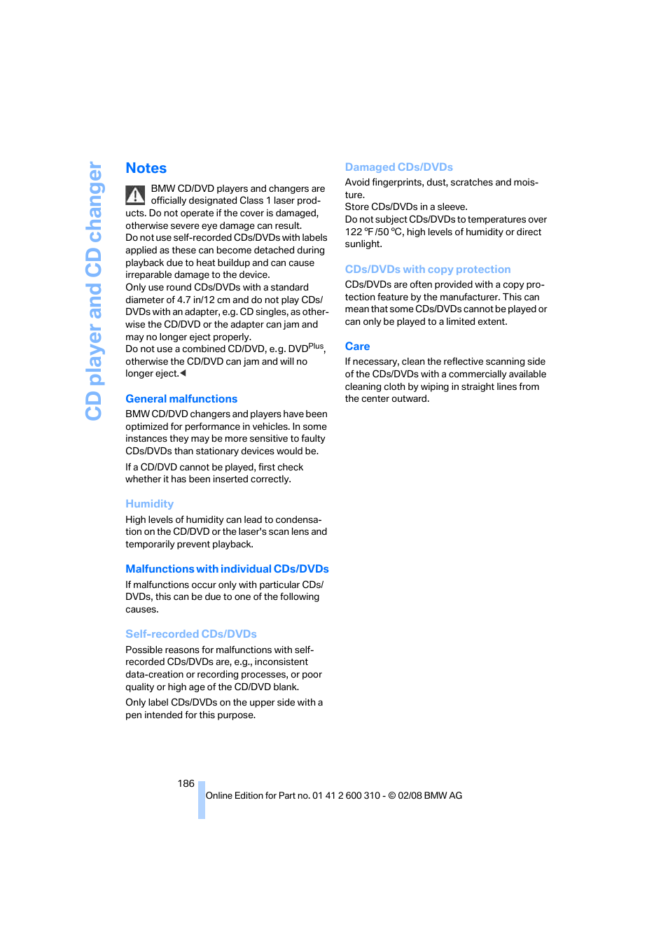 Notes, Cd player and cd changer | BMW AG 528XI User Manual | Page 188 / 292