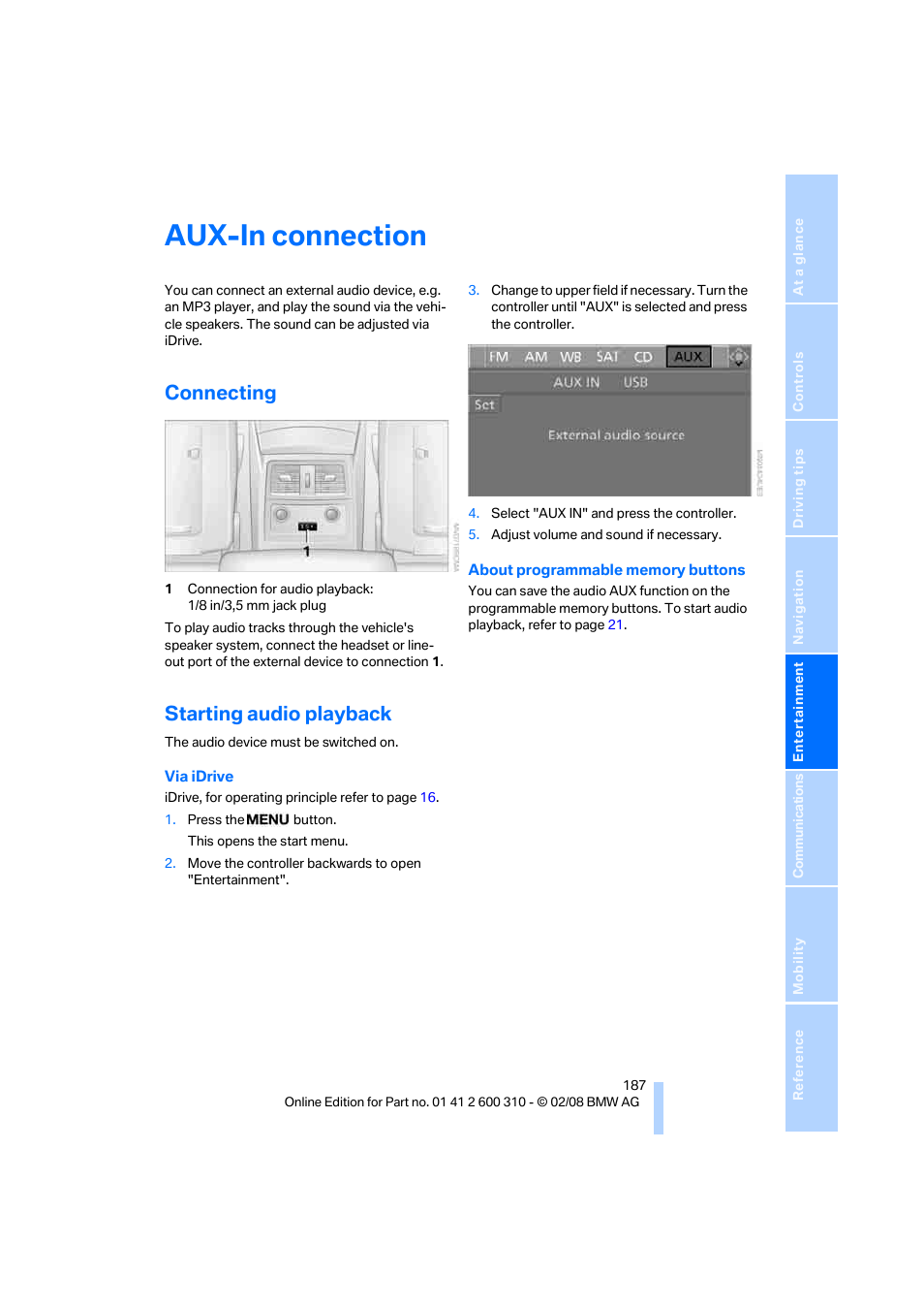 Aux-in connection, Connecting, Starting audio playback | BMW AG 528XI User Manual | Page 189 / 292