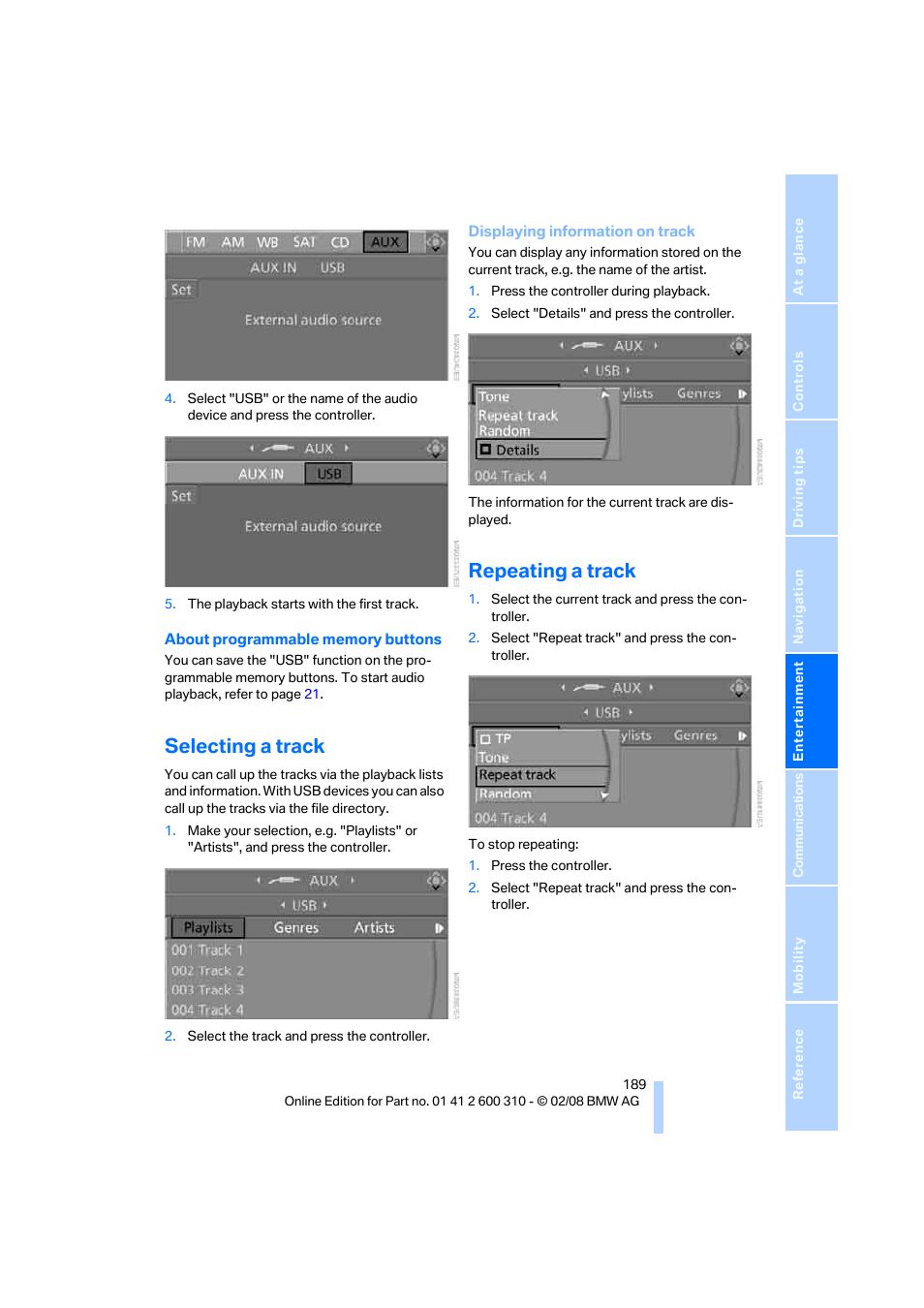 Selecting a track, Repeating a track | BMW AG 528XI User Manual | Page 191 / 292