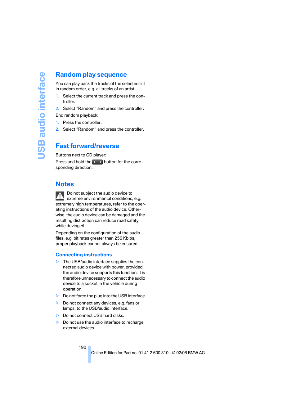 Random play sequence, Fast forward/reverse, Notes | Usb audio interf ace | BMW AG 528XI User Manual | Page 192 / 292