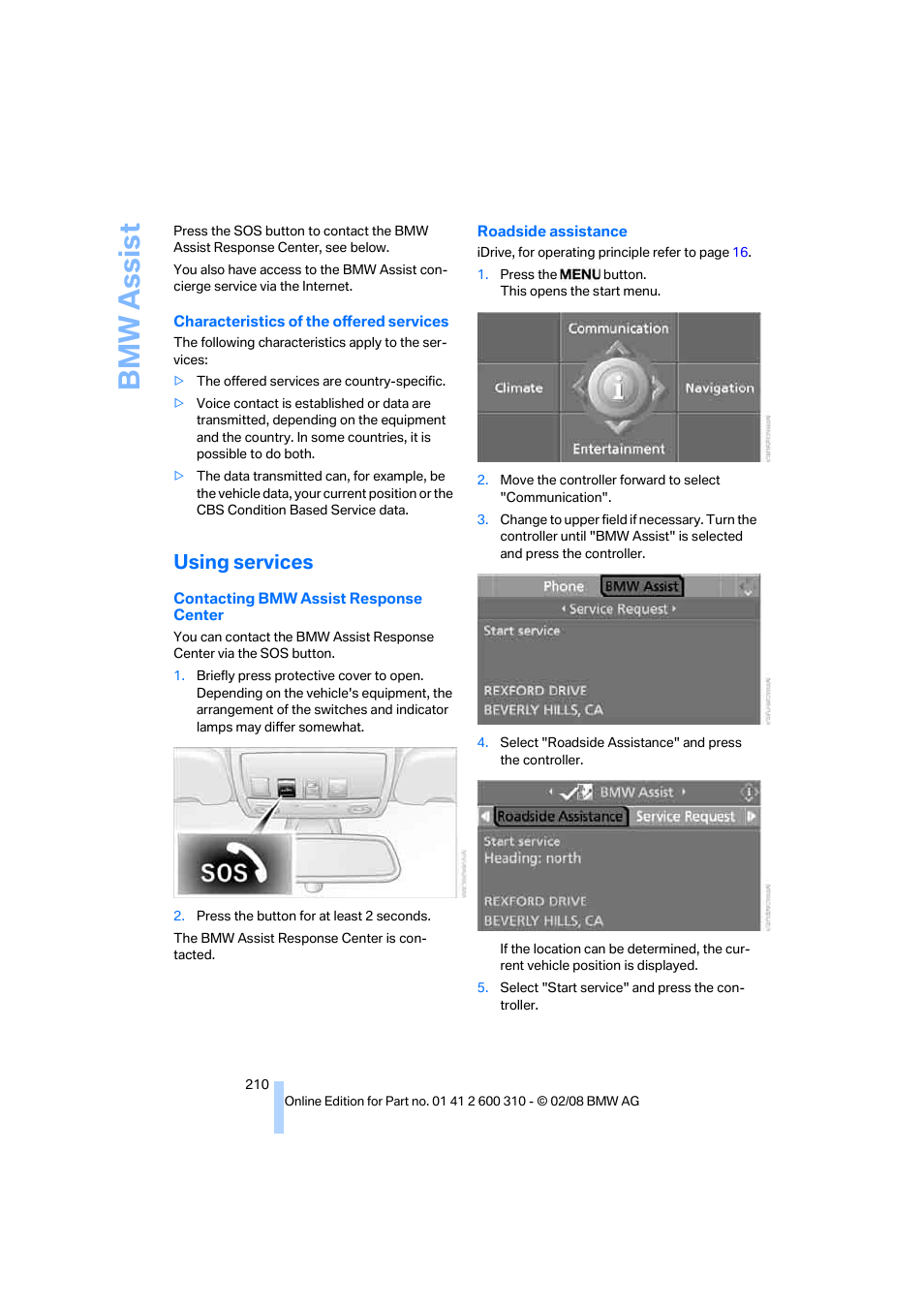 Using services, Bmw assis t | BMW AG 528XI User Manual | Page 212 / 292