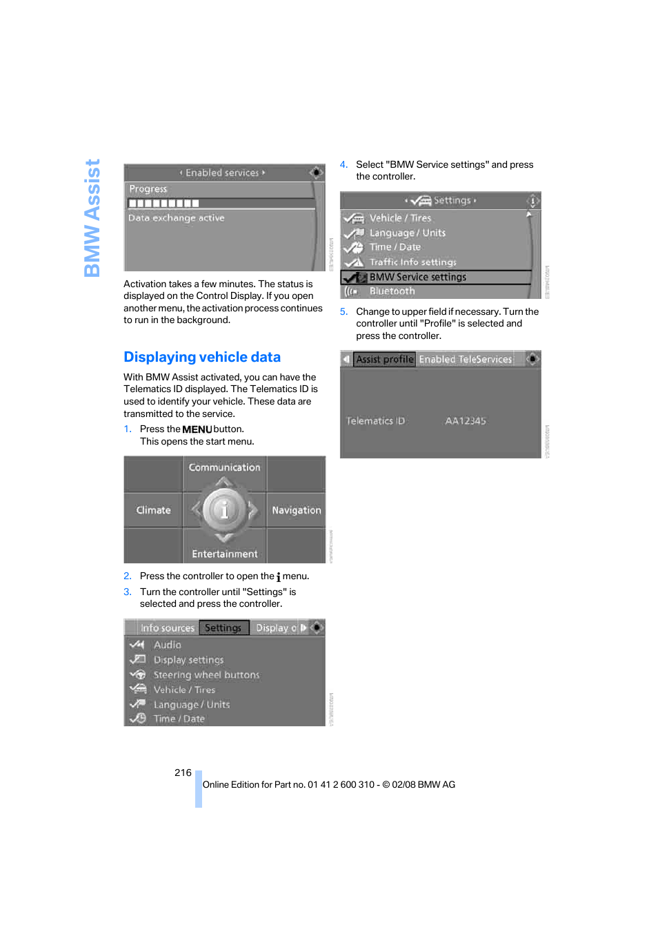 Displaying vehicle data, Bmw assis t | BMW AG 528XI User Manual | Page 218 / 292