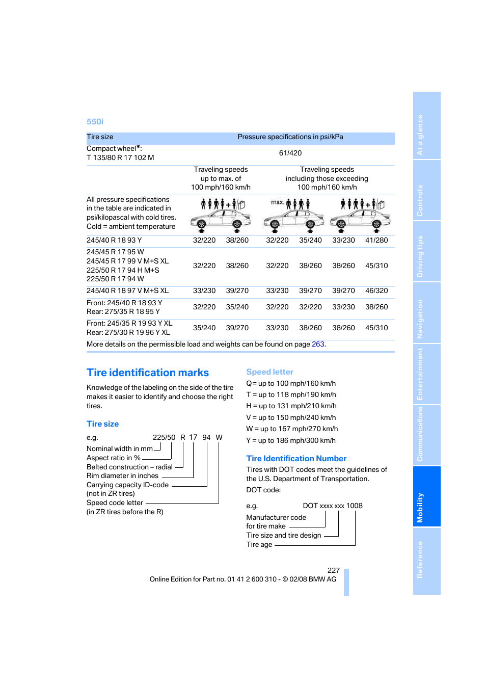 Tire identification marks | BMW AG 528XI User Manual | Page 229 / 292