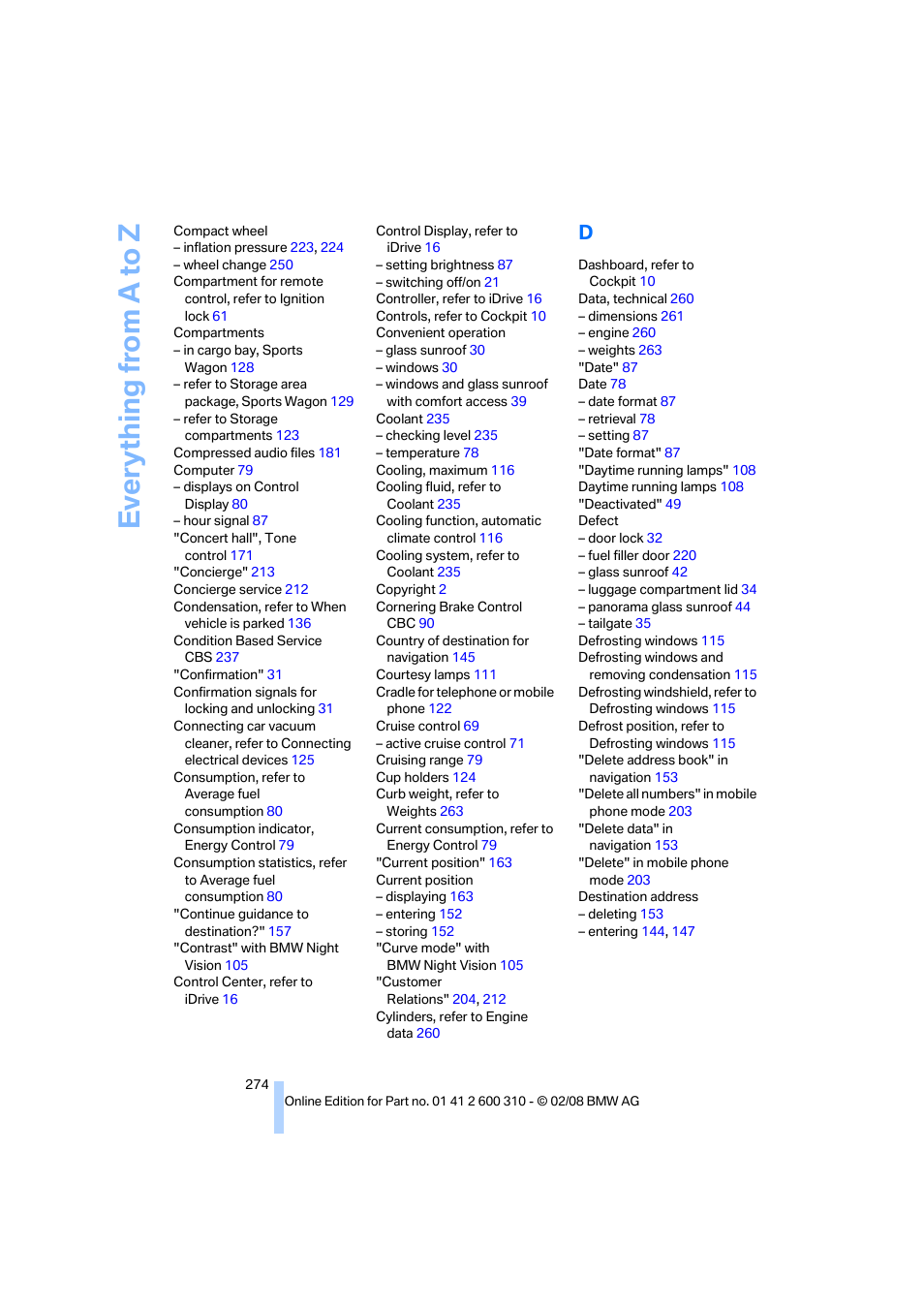 Everything from a to z | BMW AG 528XI User Manual | Page 276 / 292