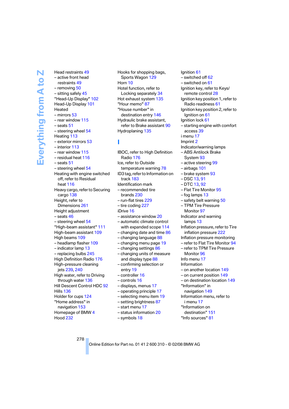 Everything from a to z | BMW AG 528XI User Manual | Page 280 / 292