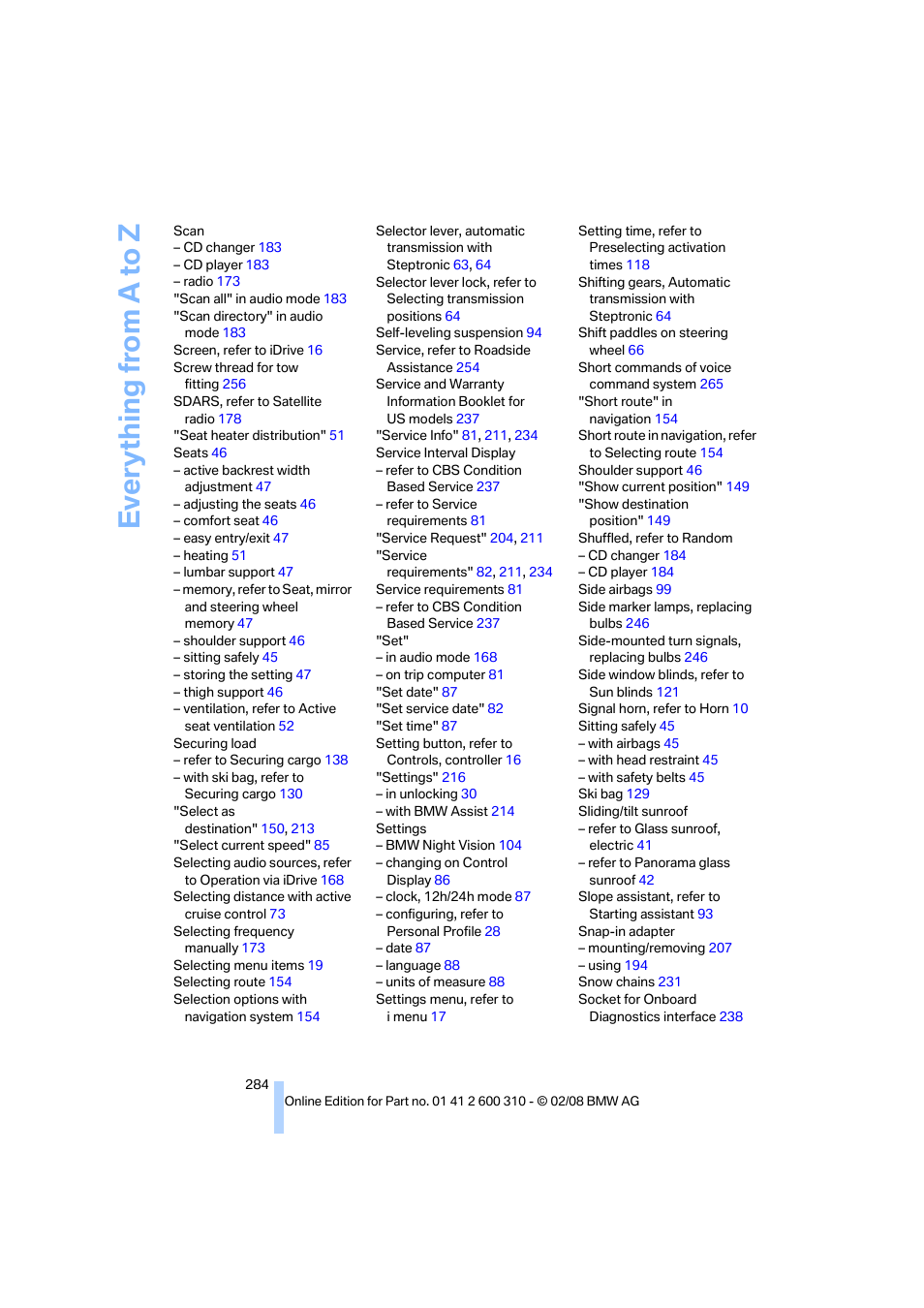 Everything from a to z | BMW AG 528XI User Manual | Page 286 / 292