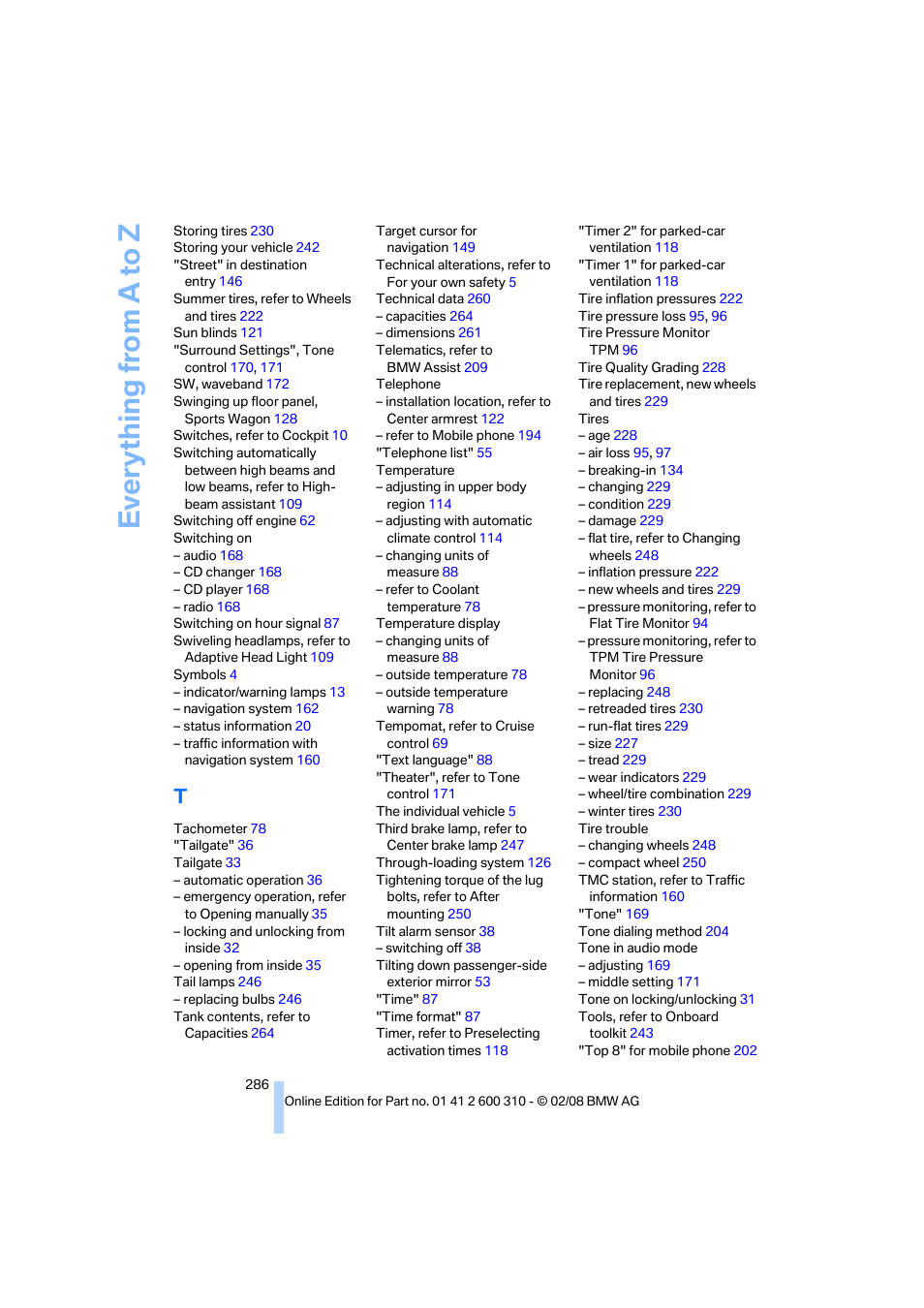 Everything from a to z | BMW AG 528XI User Manual | Page 288 / 292
