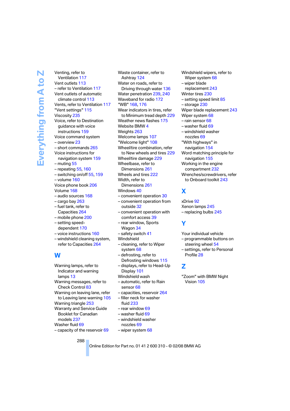 Everything from a to z | BMW AG 528XI User Manual | Page 290 / 292