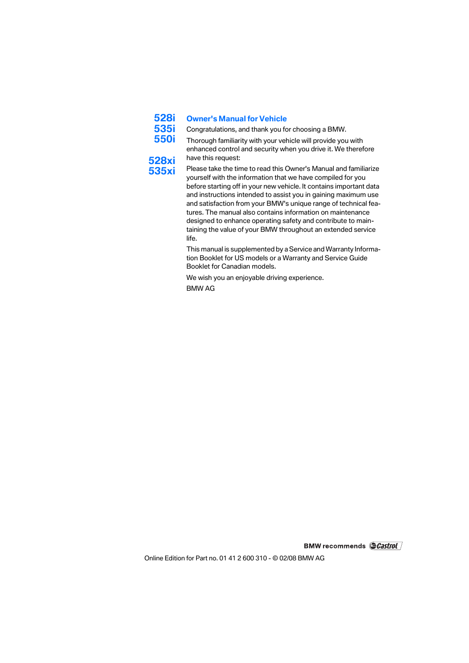 BMW AG 528XI User Manual | Page 3 / 292