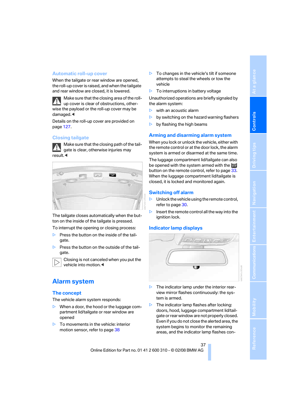 Alarm system | BMW AG 528XI User Manual | Page 39 / 292